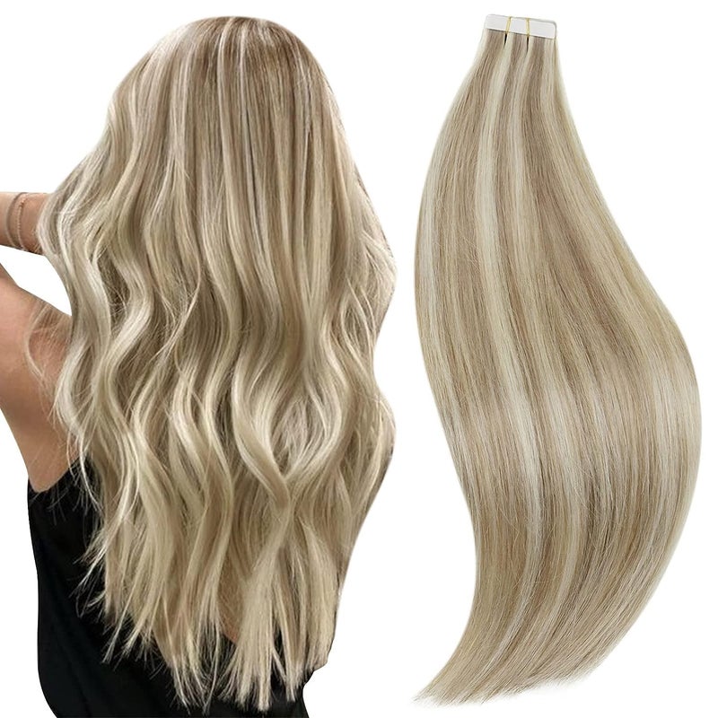 RUNATURE 22 Inch Tape in Hair Extensions Human Hair Ash Brown Highlight Platinum Blonde Hair Extensions Tape in Invisible Straight Tape Ins Human Hair Extensions Blonde Silky Double Sided 50g 20pcs - Image 1